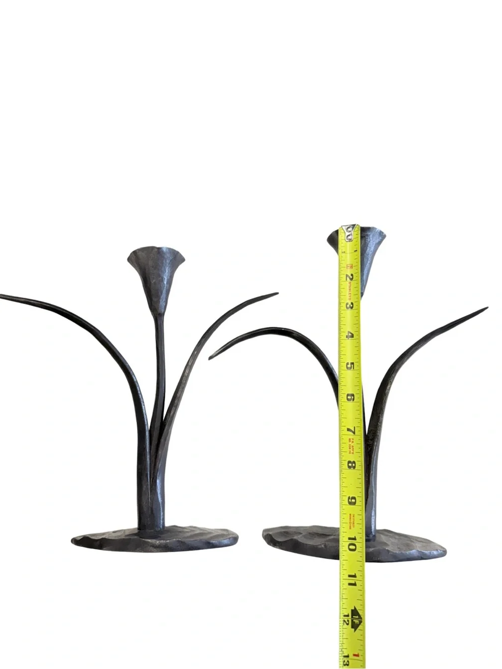 Vintage Hand Forged Iron Calla Lily Candlesticks Pair Brutalist Sculptural